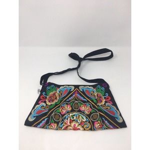 Embroidered Floral Crossbody Bag - Black
